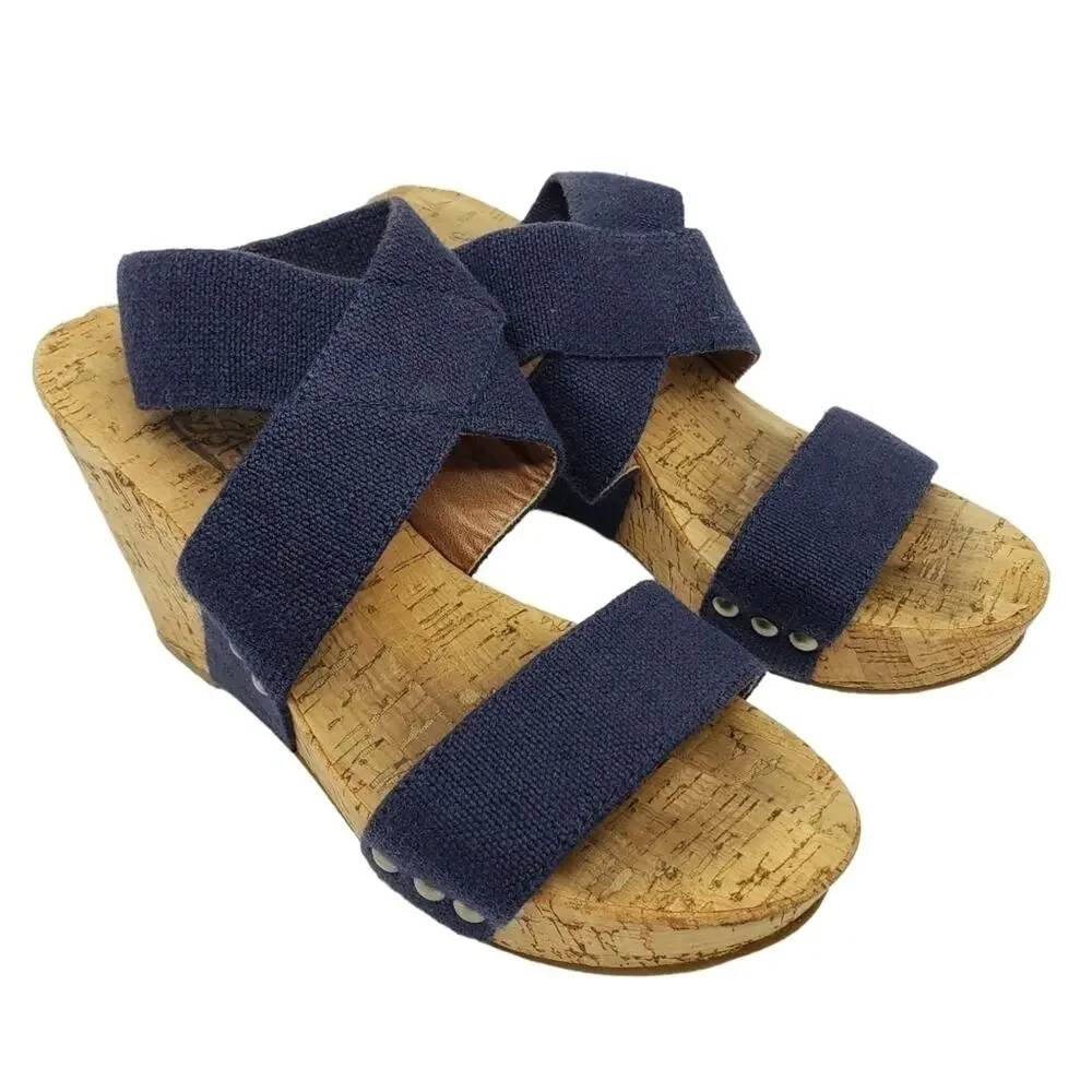 Lucky Brand Cork Wedge Sandal Blue Elastic Makayla Style Sz 6B/36